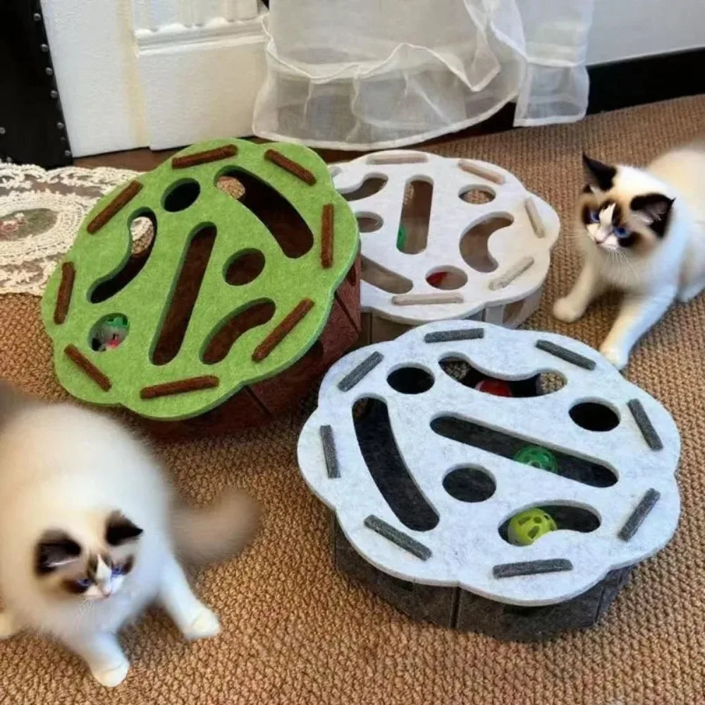 Felt Cat Puzzle Feeder Box with 3 Balls Interactive Maze Slow Feeder Toy for Indoor Cats Mental Enrichment Treat Hideout