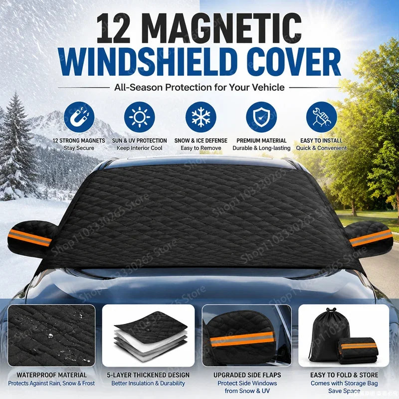 12 Magnetic Car Windshield Snow Cover, Waterproof All Weather Sun Frost Ice Protector with Side Mirror Flaps & Storage Bag