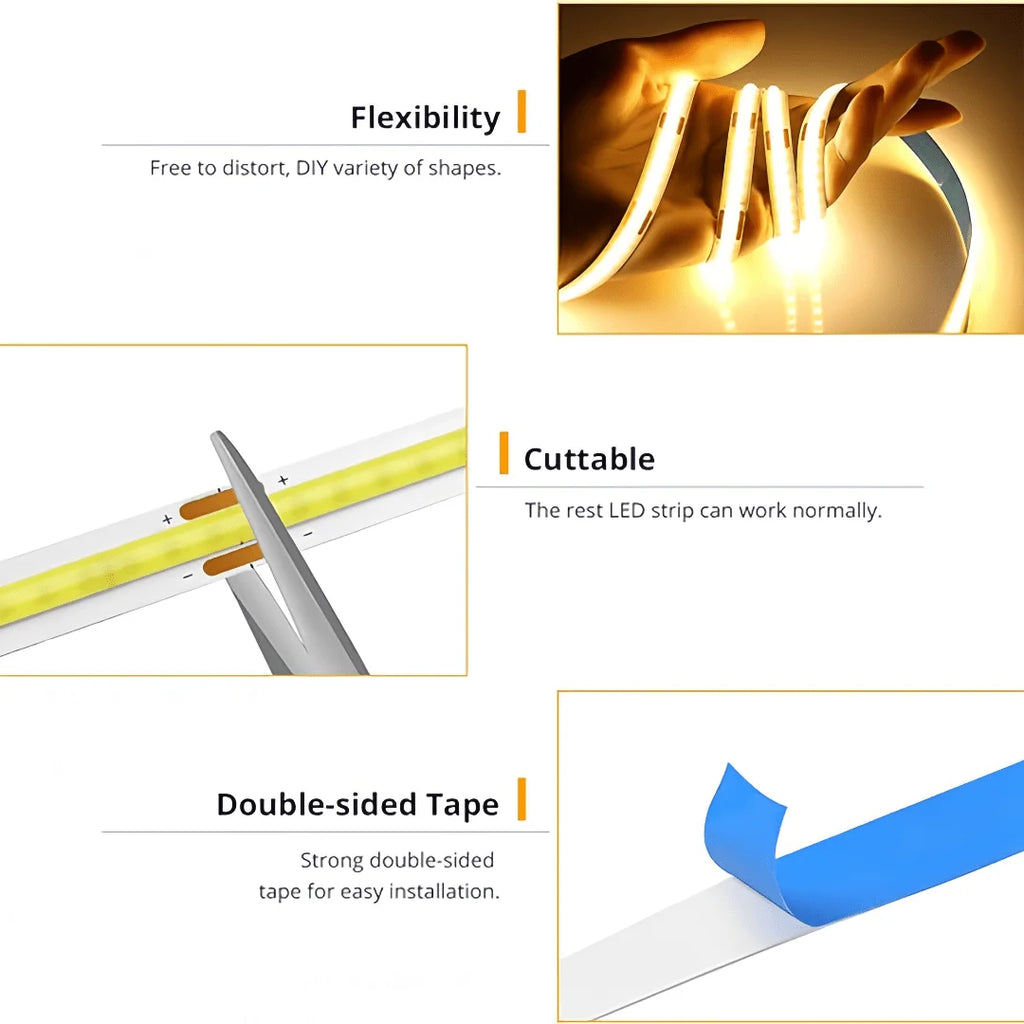 LED COB Light Strip Touch Dimmer Flexible Diode Tape 5V USB Linear Indoor Lighting Lam close-up view