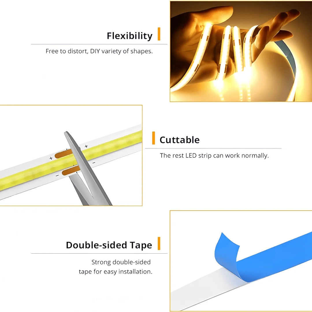 LED COB Light Strip Touch Dimmer Flexible Diode Tape 5V USB Linear Indoor Lighting Lam close-up view