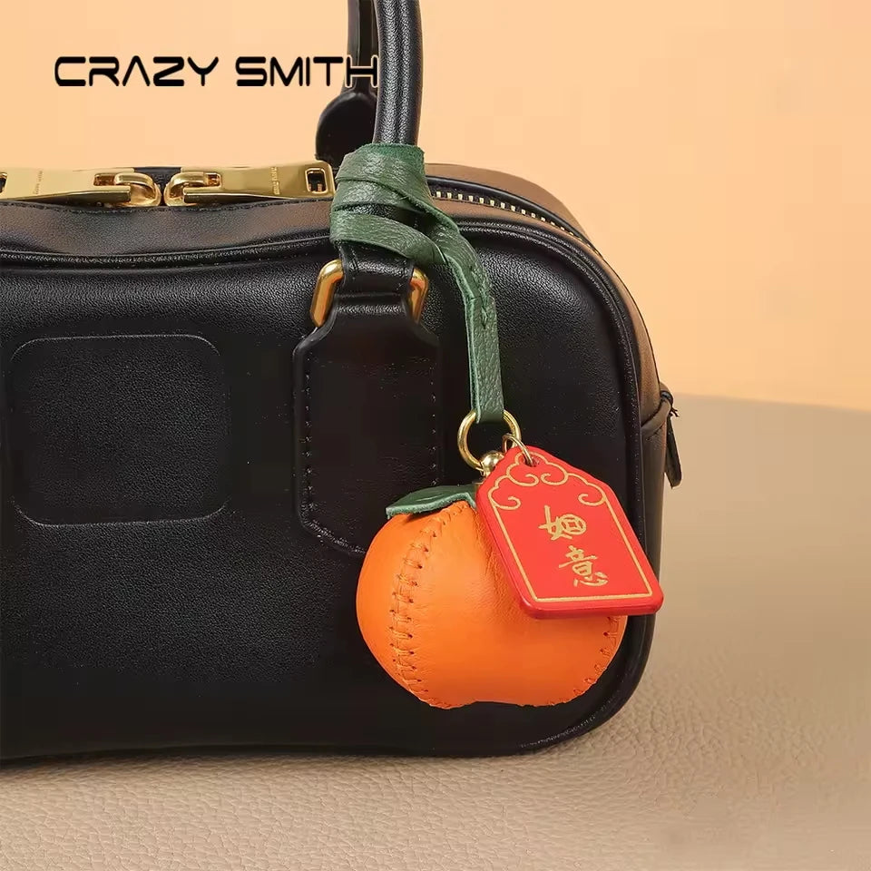 CRAZYSMITH Handmade Genuine Leather Bag Charm Persimmon Keychain Purse Charms Bag Pendant for Handba