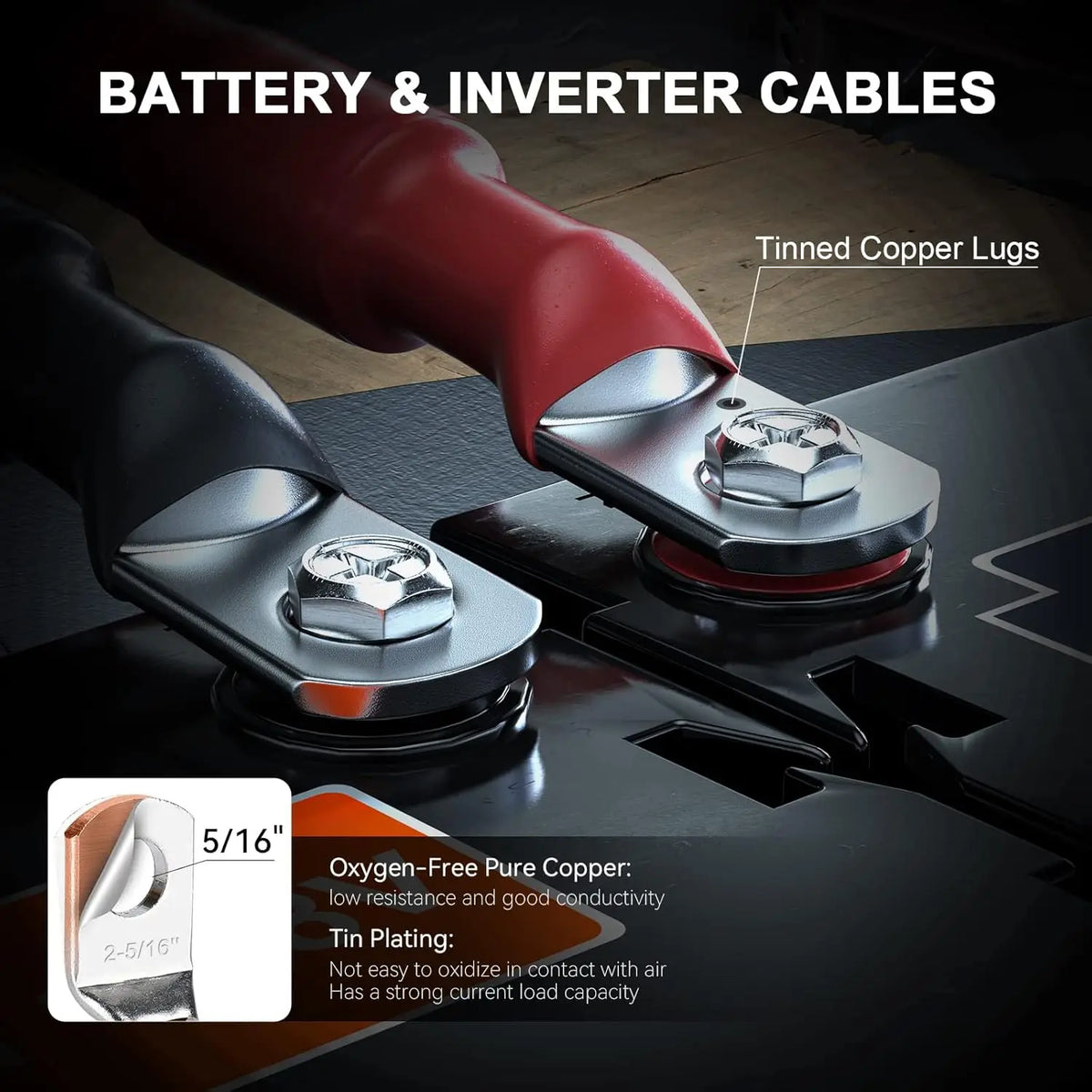 US Stock 2 AWG Flexible Batteries Cable with 5/16" Terminals Pure Copper Inverter & Welding Wire Fit for Solar Batteria RV Red+Black