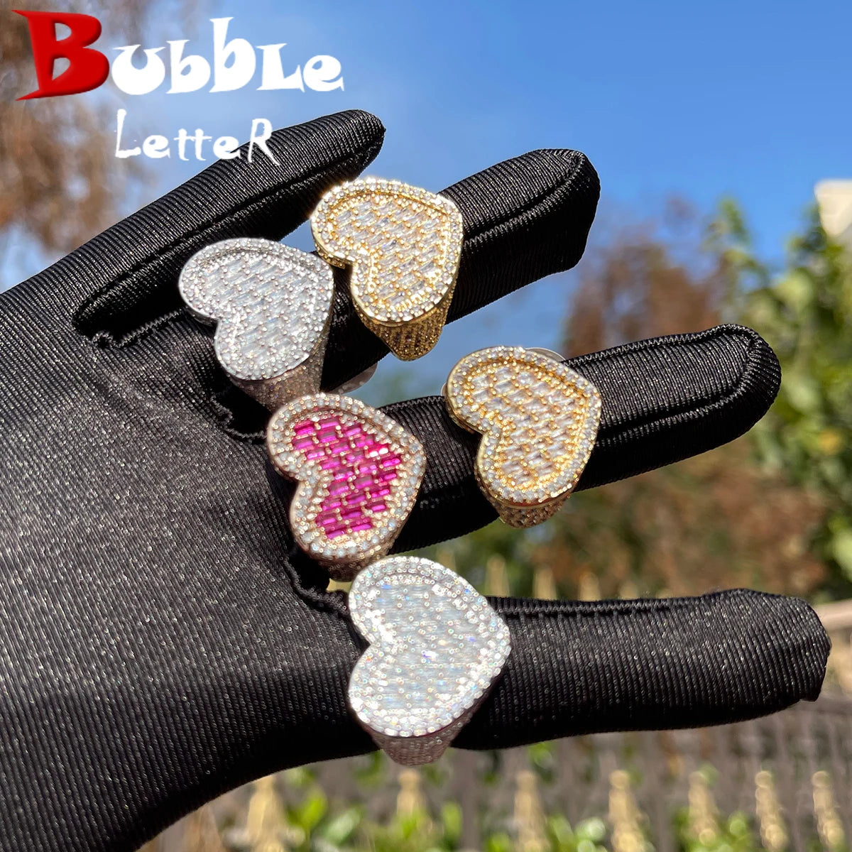 Heart Ring for Women Pink Stones Rose Gold Plated Hip Hop Jewelry