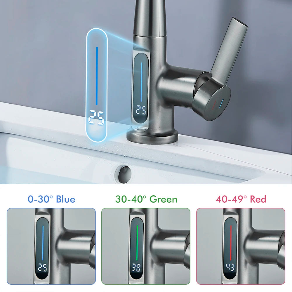 Waterfall Temperature Digital Display Basin Faucet Lift Up Down Stream Sprayer Hot Cold Water Sink Mixer Wash Tap For Bathroom
