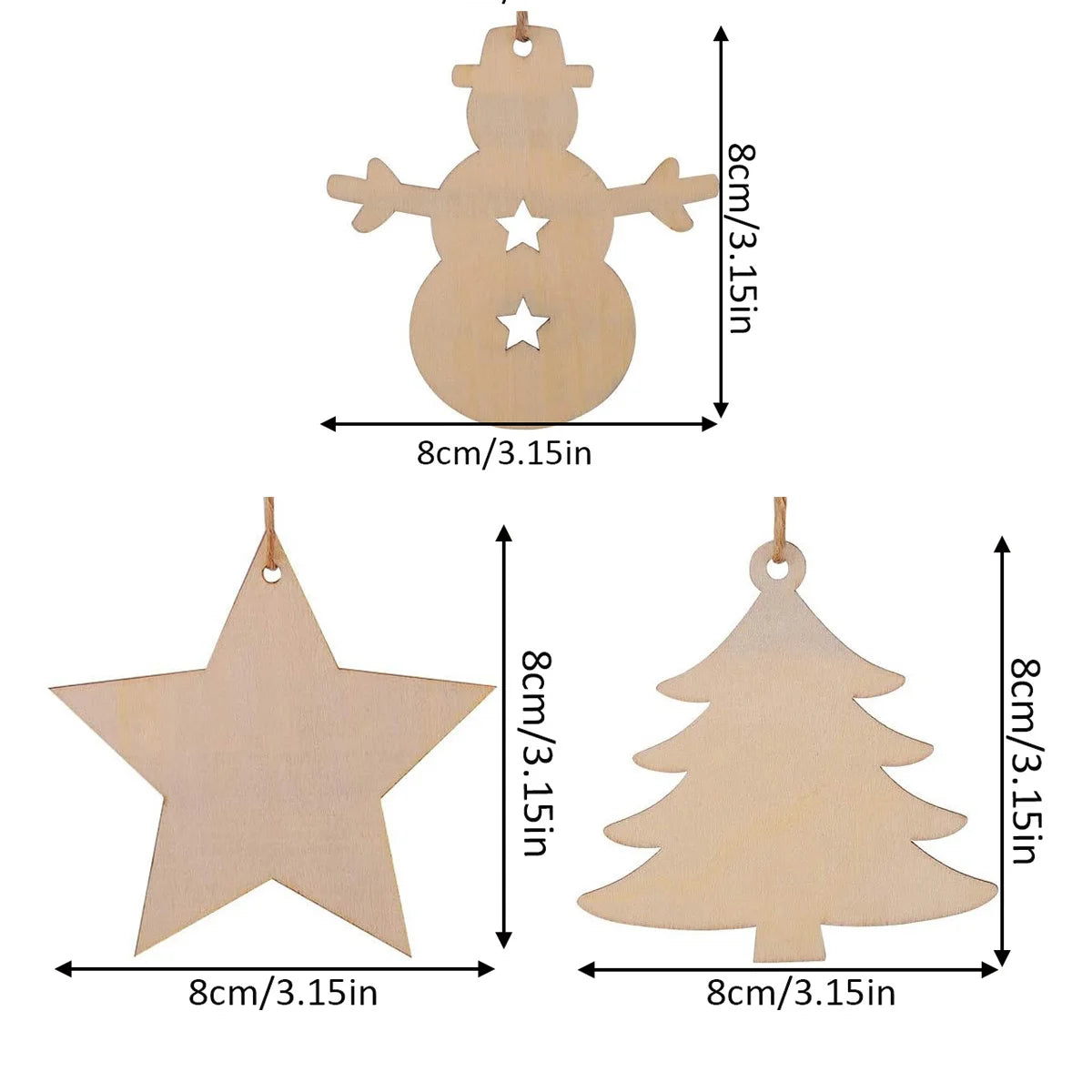 40pcs DIY Wooden Christmas Ornaments Blank Paintable Wood Chips with 10m Hemp Rope