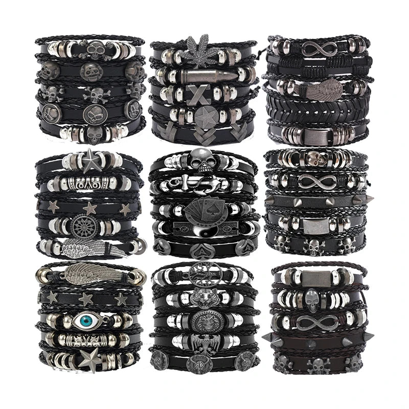 1Set Black Punk Skull & Star Shaped Alloy & Pu Leather Bracelet