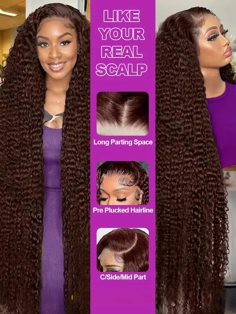 Chocolate Brown Deep Wave Lace Front Wig Remy Human Hair 13x4 HD Lace