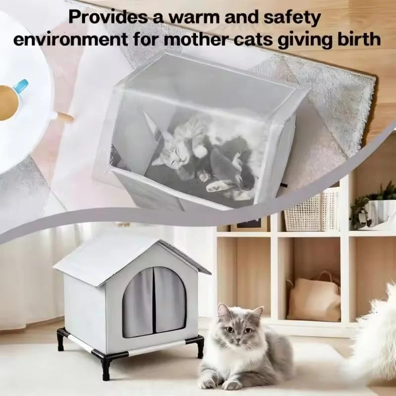 Outdoor Cat House All Season Waterproof Elevated Base Summer Heat Insulation Winter Warm Shelter For Stray Cats Small Dogs