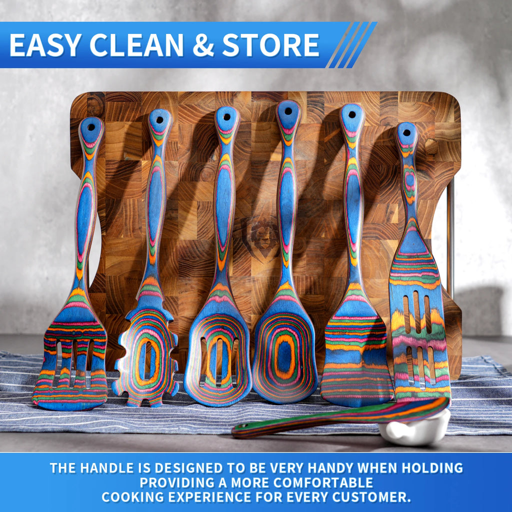 7Pcs Blue Pakkawood Wooden Cooking Utensil Set