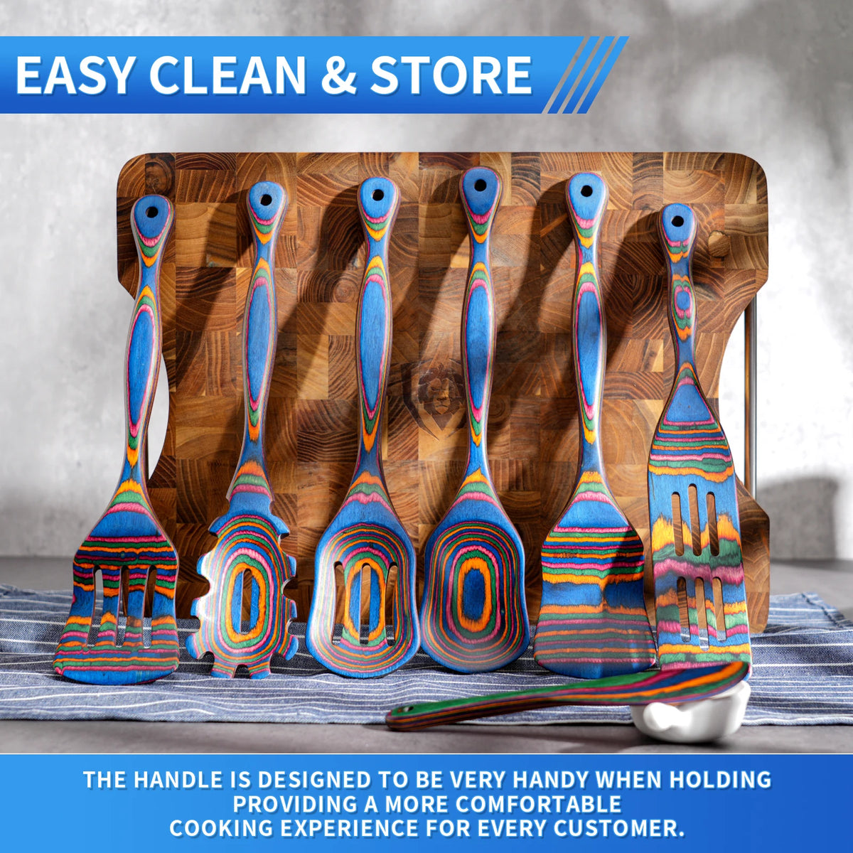 7Pcs Blue Pakkawood Wooden Cooking Utensil Set