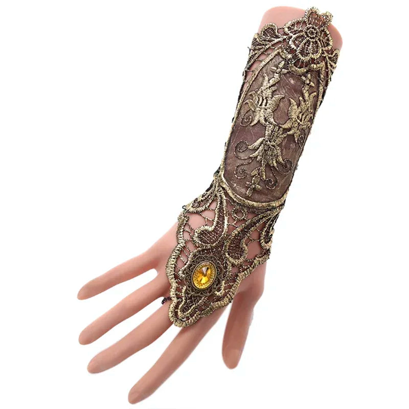 Gothic Steampunk Lace Cuff Fingerless Glove Arm Warmer Bracelet Black Gold Gloves