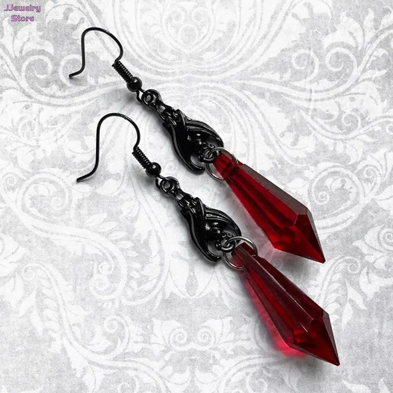 Bat Earrings with Red Teardrop Beads, Gothic Jewelry