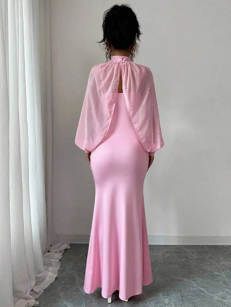 Elegant Pink Mermaid Gown with Beaded Sheer Capelet, Bodycon Slip Dress Set