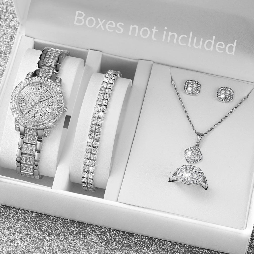 Women's Full Diamond Gold Analog Quartz Watch Jewelry Set additional angle