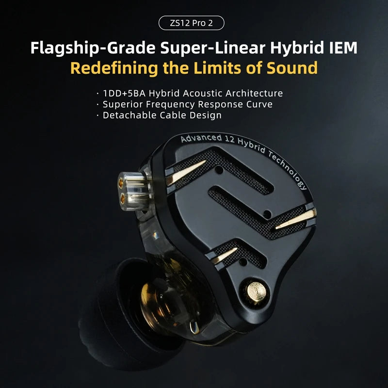 In Ear Monitor KZ ZS12 Pro 2 Hybrid 1DD+5BA Wired IEM Earphones with High Purity Silver Plated Detac