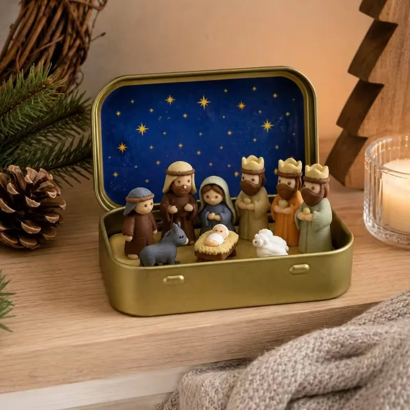 Pocket-Sized Nativity Scene Small Statue, Metal Box, mini Portable Religious desktop Decoration and Christmas Christian Keepsake
