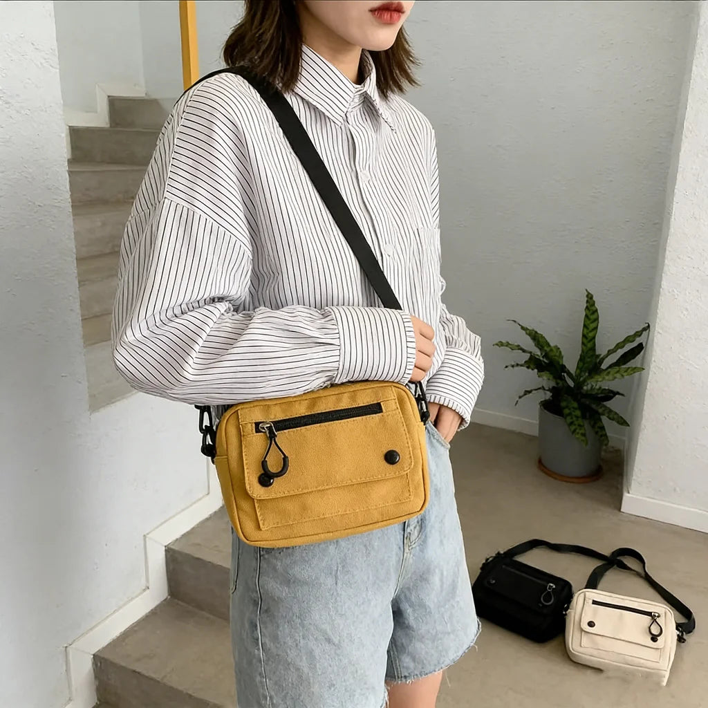 Minimalist Canvas Crossbody Sling Bag, Casual Multi-Pocket Shoulder Bag, Lightweight Everyday Purse for Women & Teens
