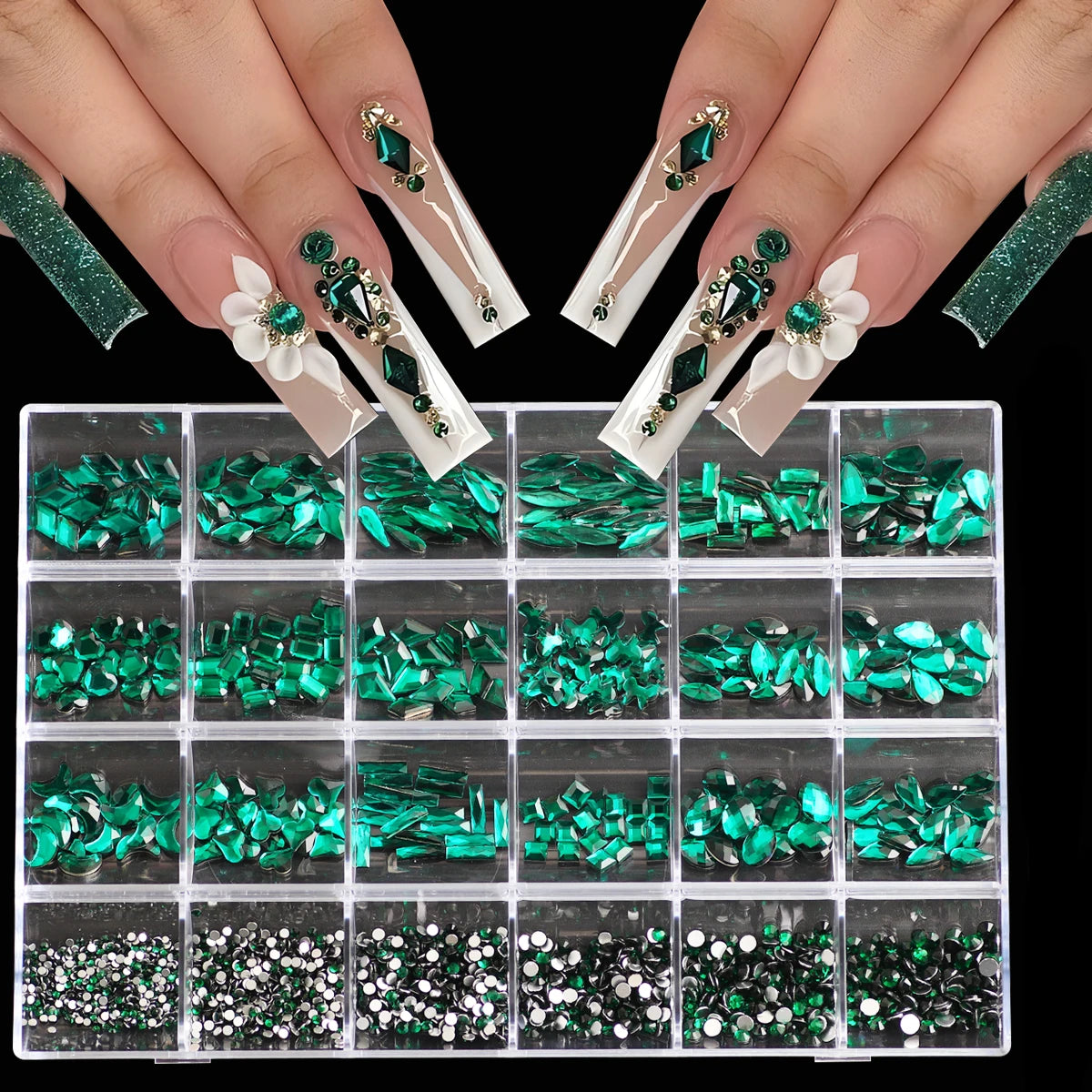 1 Box 3D Nail Diamond Kit, 24 AB Crystal Gem Grids, Multi-Shaped Nail Art