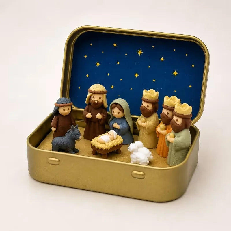 Pocket-Sized Nativity Scene Small Statue, Metal Box, mini Portable Religious desktop Decoration and Christmas Christian Keepsake