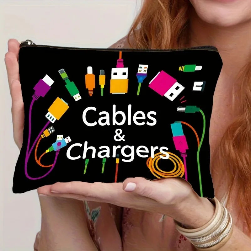 Vibrant Colorful Cable & USB Storage Bag Durable Zipper Pouch, Unisex Electronic Accessory Case with "CHARGERS" Print Pouch Bag