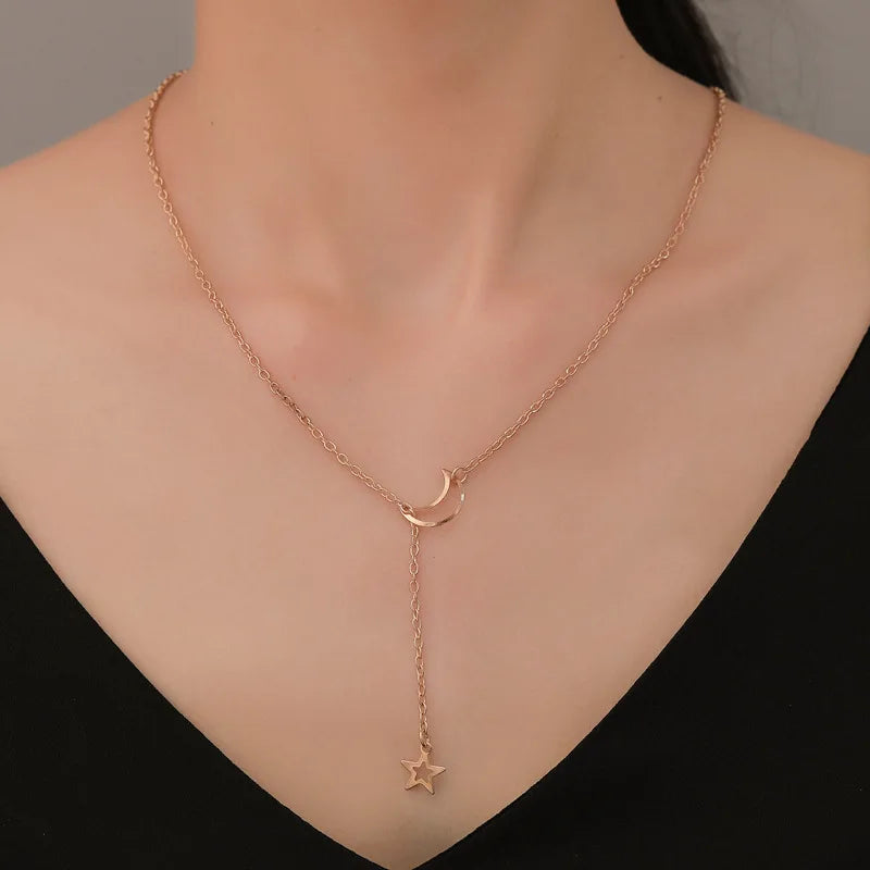 Moon Star Pendant Choker Necklace Gold Alloy Chain for Women lifestyle view