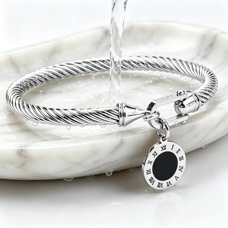 316L Stainless Steel Twisted Cable Bangle Roman Numeral Charm Bracelet