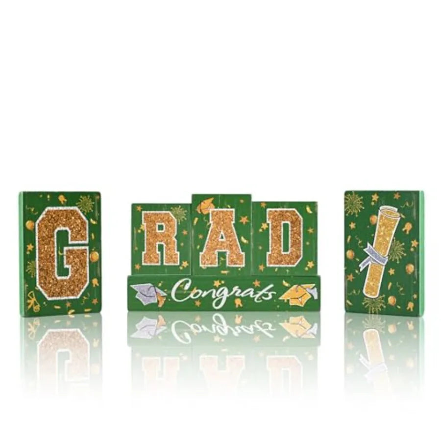 Graduation Party Tabletop Decor Set Green and Gold Building Blocks