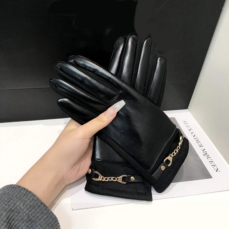 Women's Winter Knit Gloves Synthetic Leather Fleece Lined Touchscreen