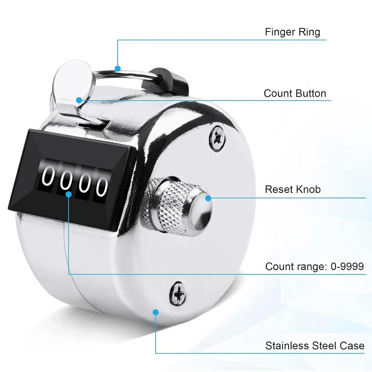 Hand Counter Four-Digit Click Counter with Hanging Rope Silver