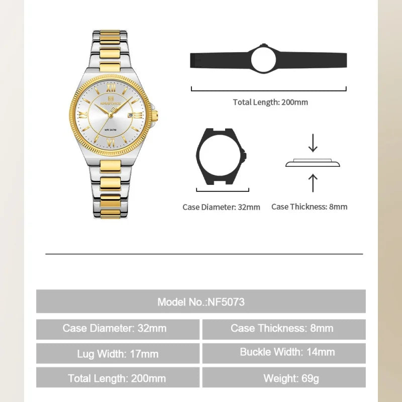NAVIFORCE Casual for Daily Dress Women Quartz Watch 3ATM Waterproof Date Display Stainless Steel  Lady Wristwatch Package Gifts