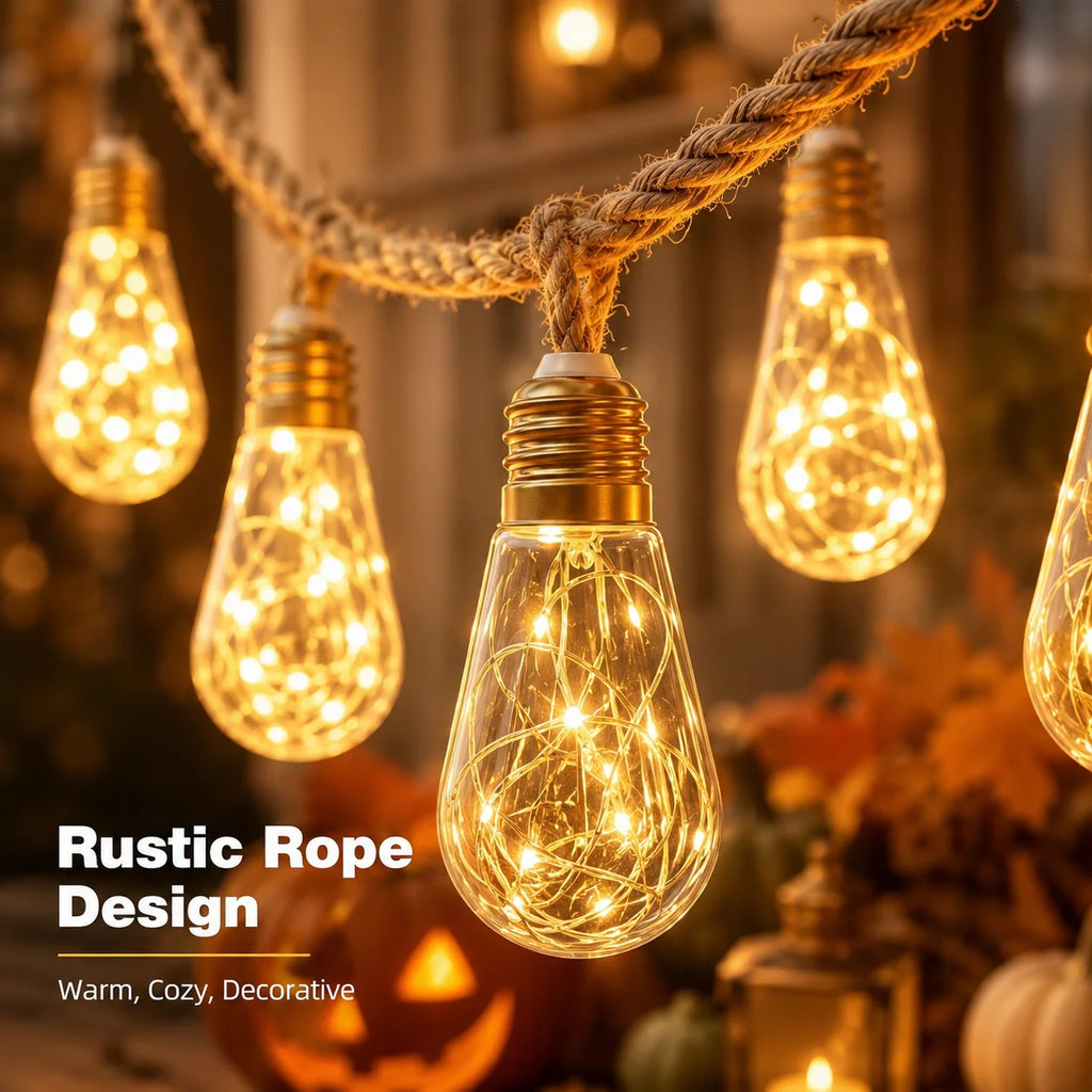 Solar String Lights Hemp Rope Edison Bulb Fairy Lights Warm White