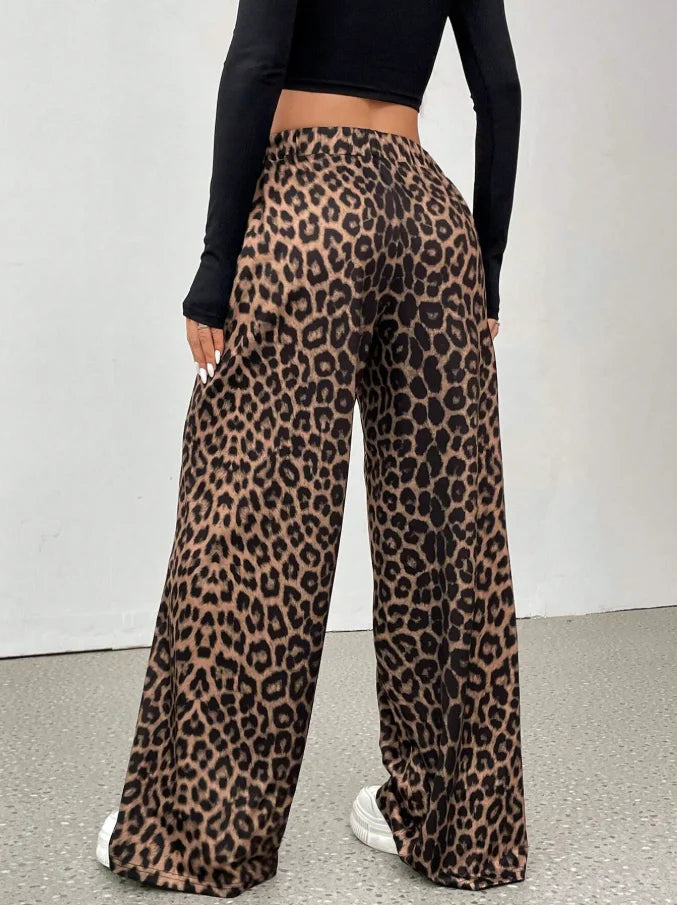 Women Leopard Print Wide Leg Pants High Waist Casual Trousers