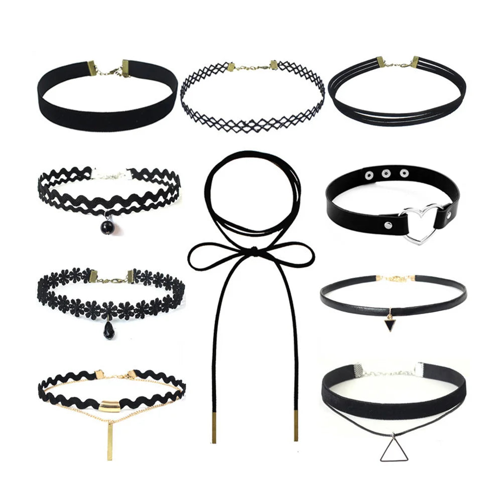 Black Leather Velvet Hollow Choker Necklace Vintage Gothic