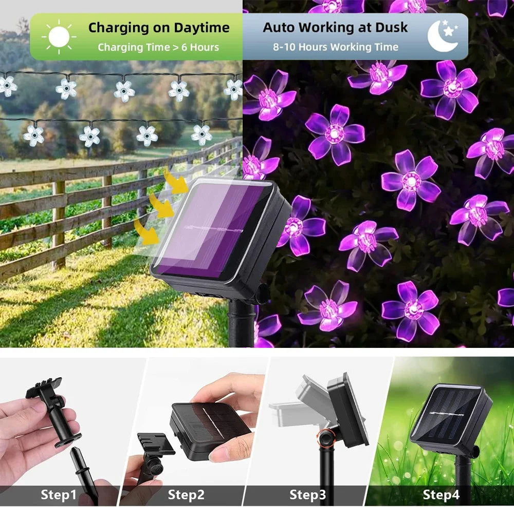 Solar LED String Lights Cherry Blossom Flowers 8 Modes