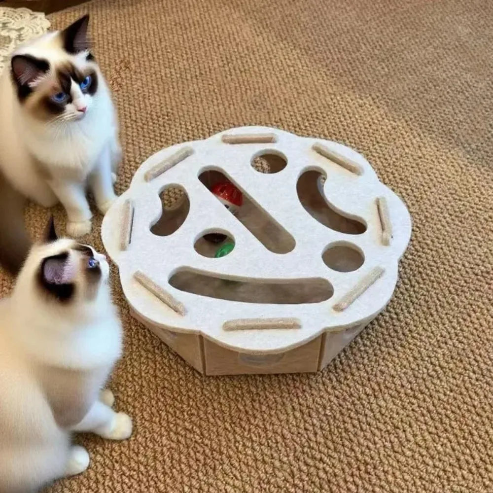 Felt Cat Puzzle Feeder Box with 3 Balls Interactive Maze Slow Feeder Toy for Indoor Cats Mental Enrichment Treat Hideout