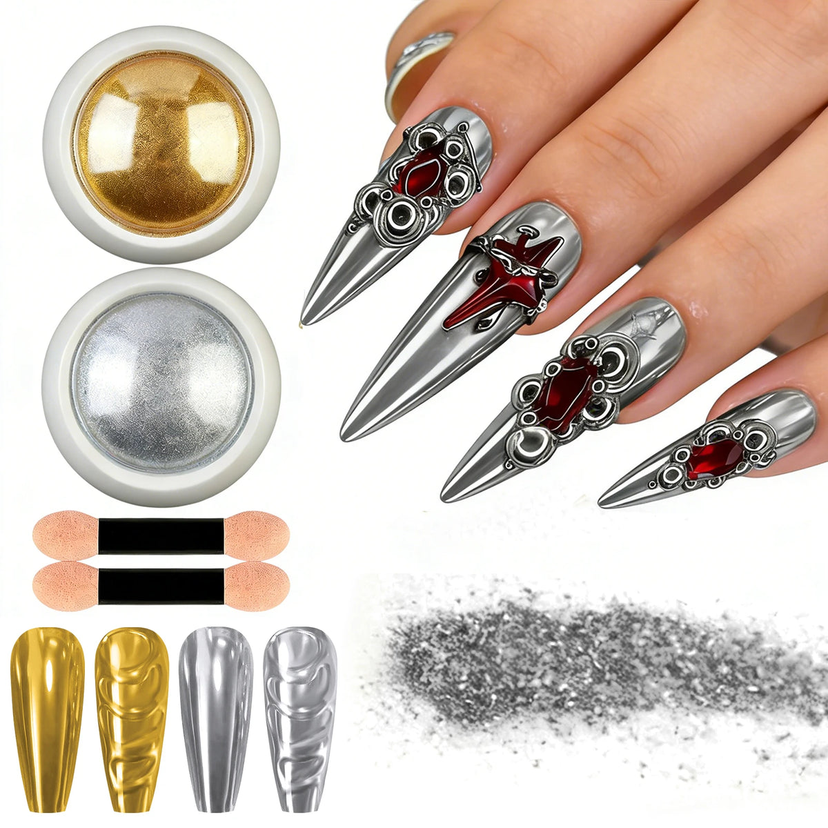 Mirror Chrome Nail Powder Silvery Golden Metallic Nail Glitter