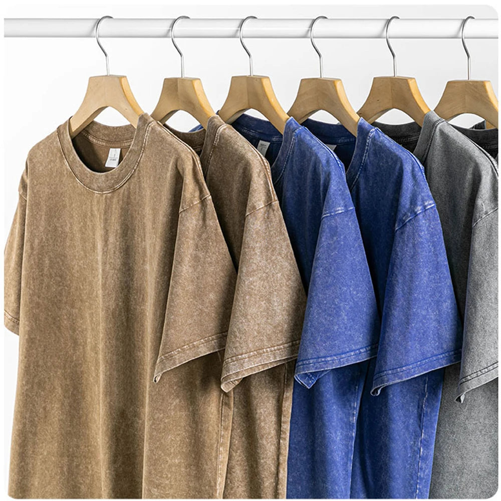 Washed And Distressed 230g Heavyweight Cotton Short Sleeved T-shirt Versatile Men Women Summer Solid Color Loose T Shirts Top