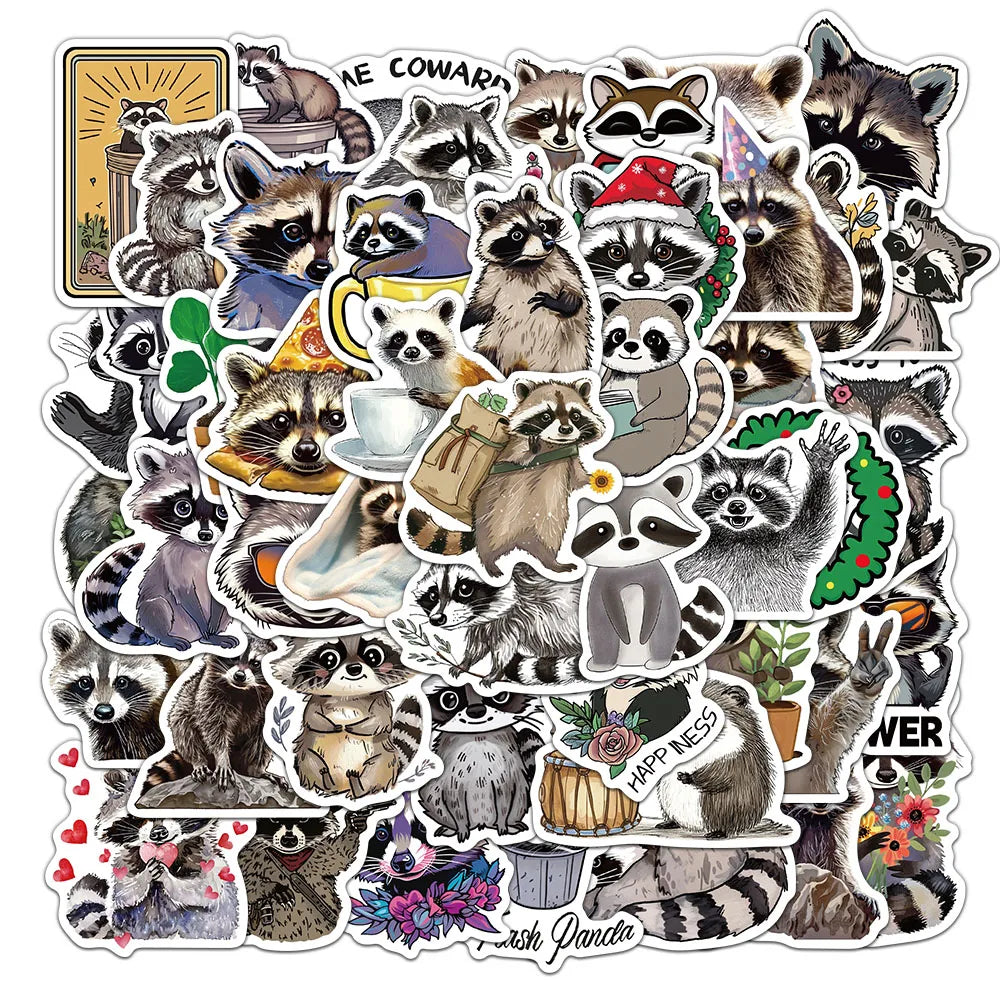 50 Pcs Cartoon Raccoon Stickers Cute Animal Waterproof