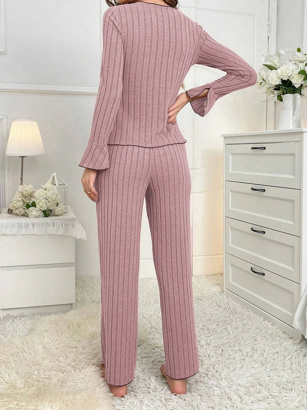 2-Piece Women's Autumn and Winter Pure Color Elegant Bow Women's Simple Long-Sleeved Pants Pajama Set Leisure Home Clothing