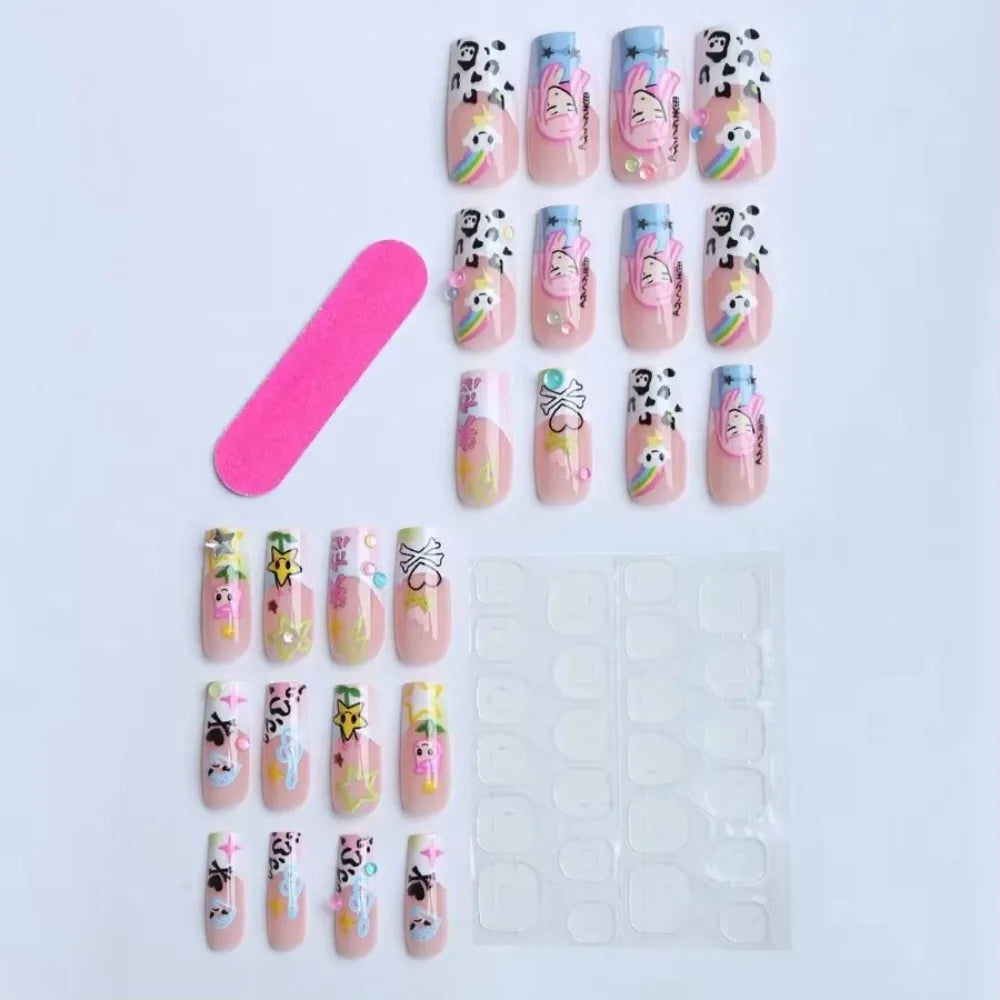 Y2K Cartoon Girl Rainbow Long Press On Nails 24pcs