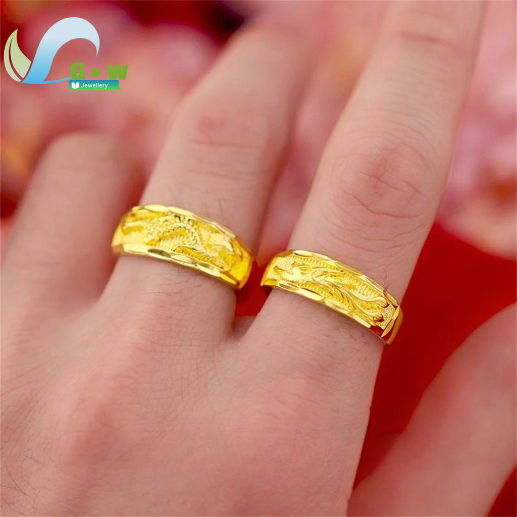 Fancy Gold Carve Dragon Phoenix Couple Adjustable Open Rings Stone Lucky Charm Band Classic Elegant Fashion Jewelry Gift Wedding