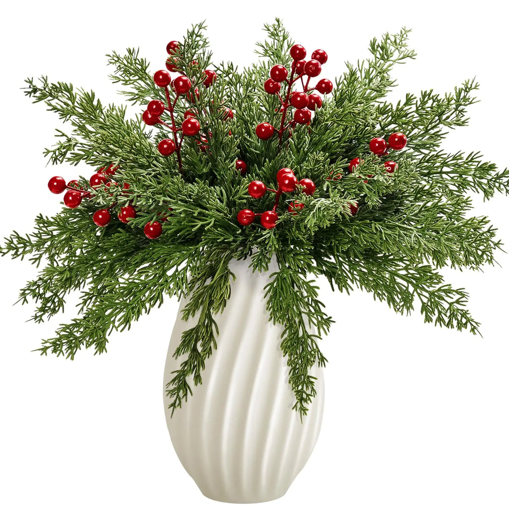 15 Artificial Pine Branches with Red Berry Stems Faux Christmas Greenery