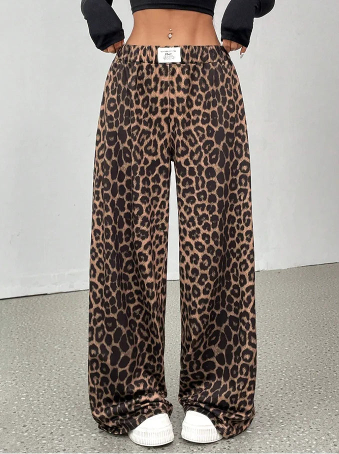 Women Leopard Print Wide Leg Pants High Waist Casual Trousers