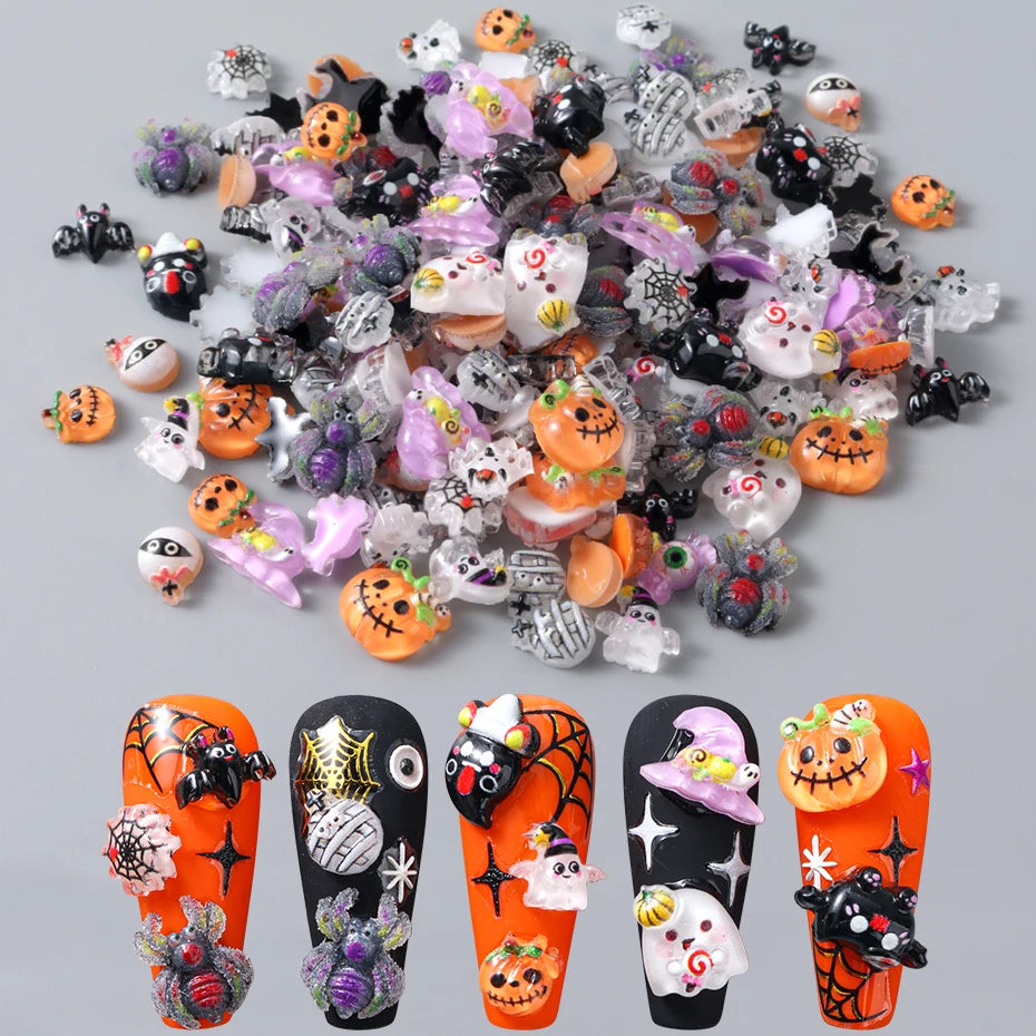 Resin Halloween Nail Charms Bat Pumpkin Ghost Spider Web