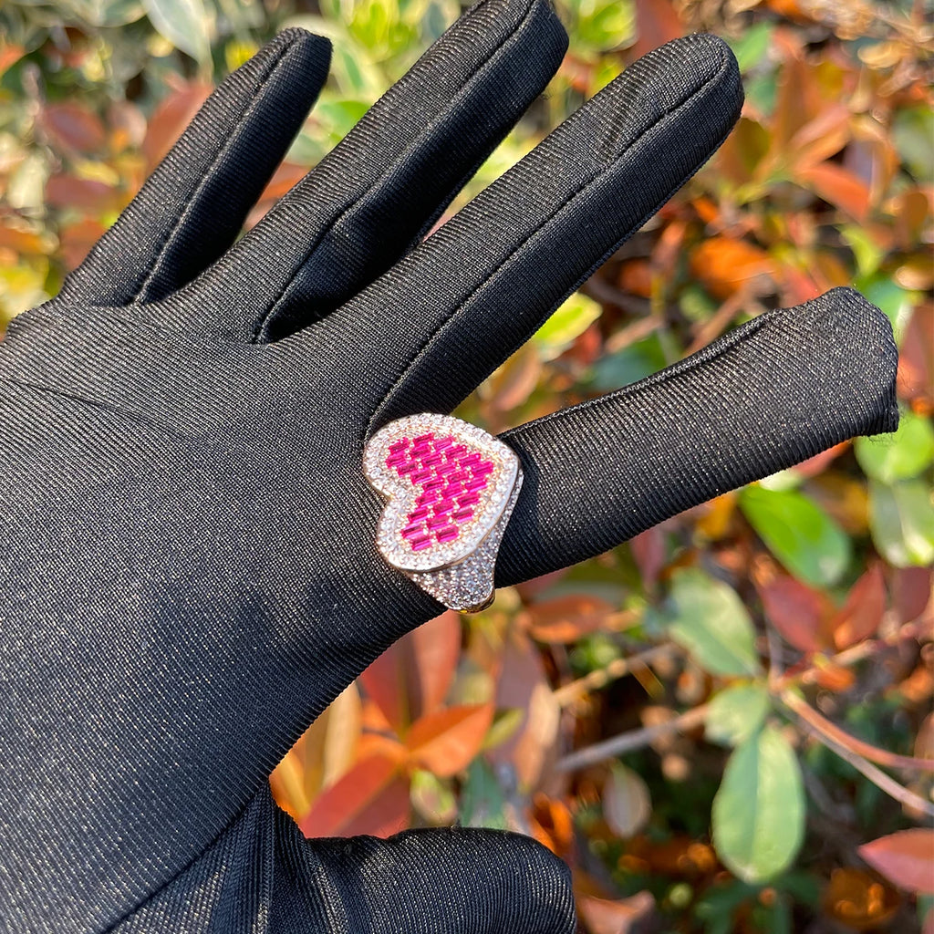 Heart Ring for Women Pink Stones Rose Gold Plated Hip Hop Jewelry