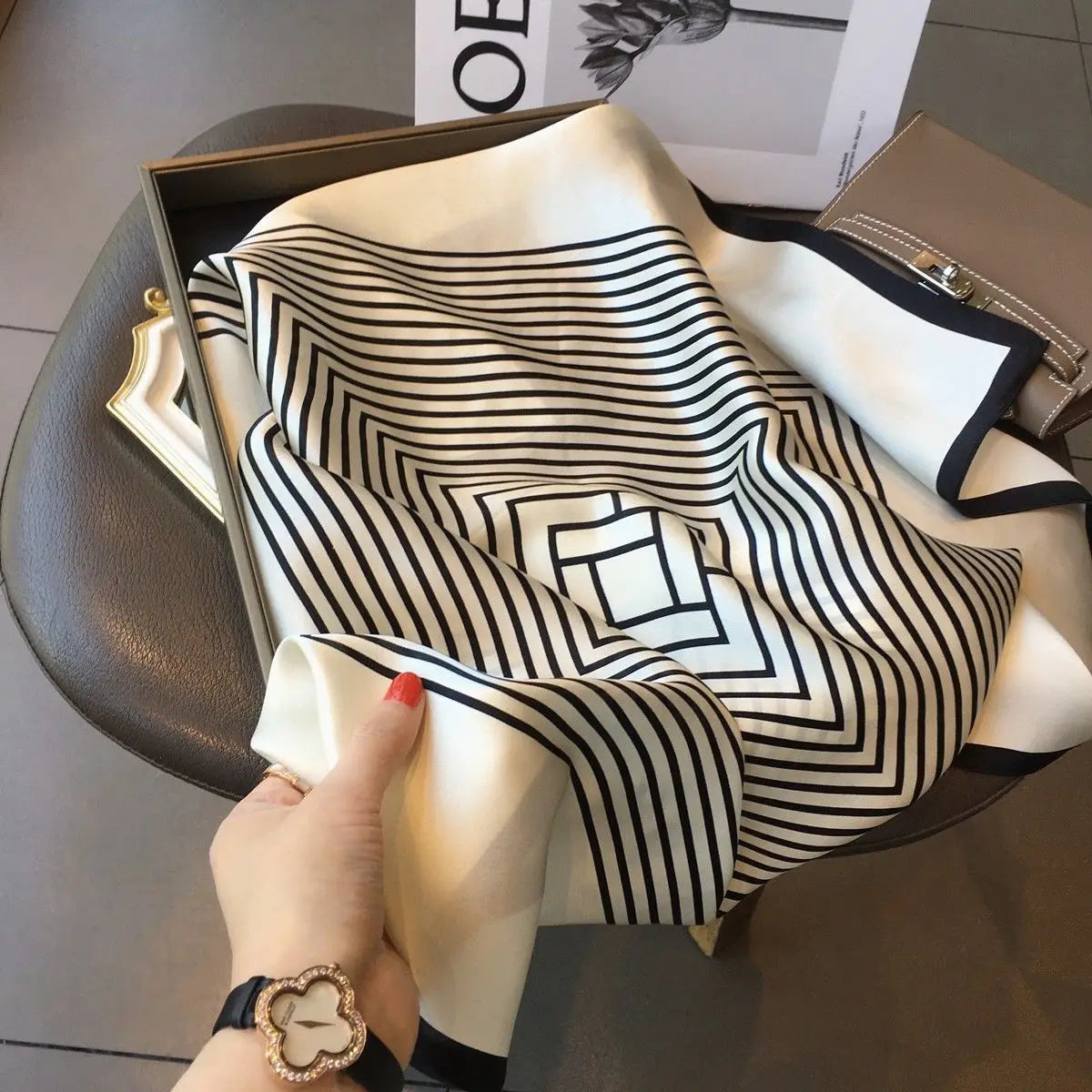 Women Korean Version of Simple Stripes Brocade Forging 70cm Small Square Scarf Scarf lifestyle view