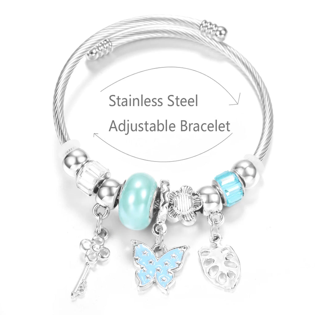 Butterfly Pendant Stainless Steel Beaded Charm Bracelet