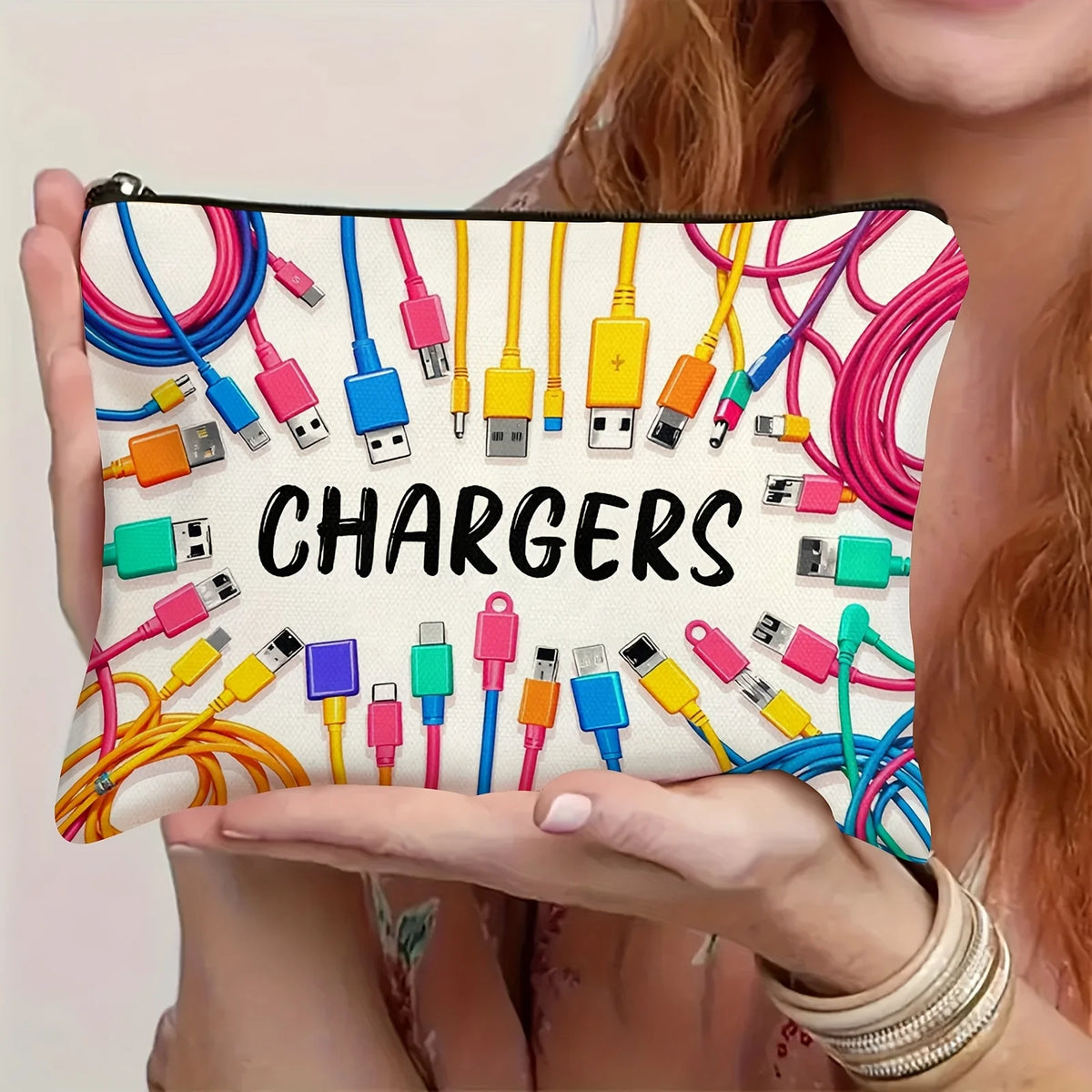 Vibrant Colorful Cable & USB Storage Bag Durable Zipper Pouch, Unisex Electronic Accessory Case with "CHARGERS" Print Pouch Bag