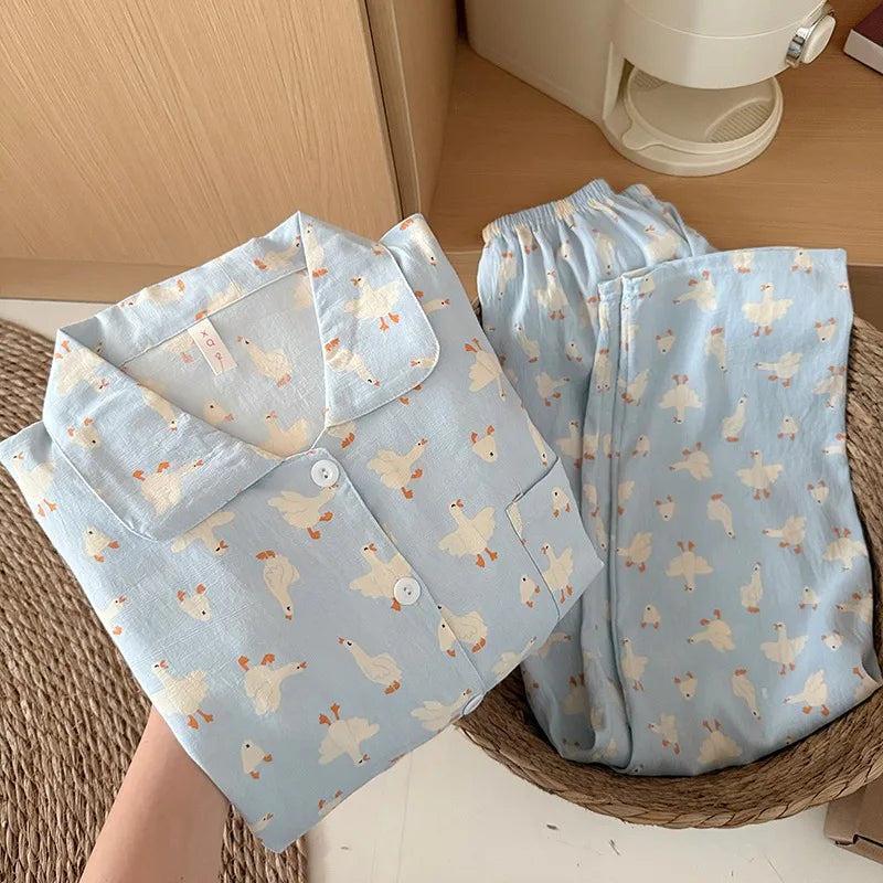 Sweet Cute Goose Print Korean Fashion Women's Pajamas Nightwear Kawaii Casual Lapel Neck Y2K Pajamas Set Autumn New Loungewear