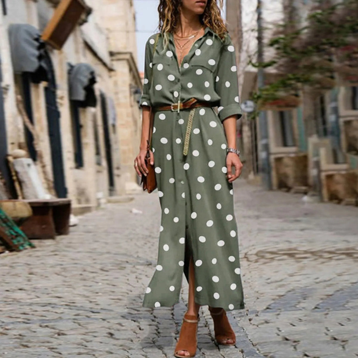 Women's Polka Dot Maxi Dress Button Up Split Flowy Long Sleeve